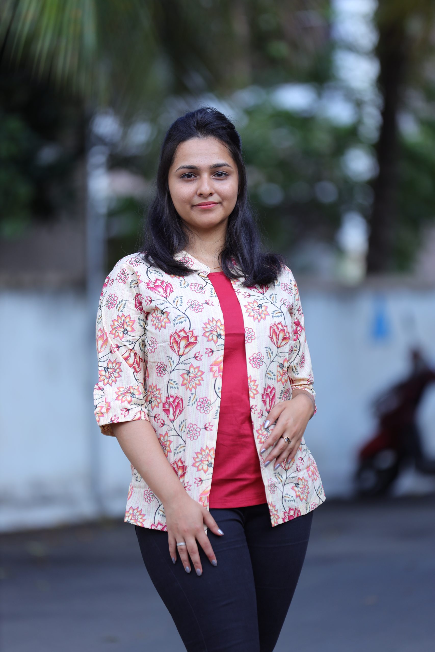 Beige with maroon floral jacket tops - Lotus Fashions, Coimbatore