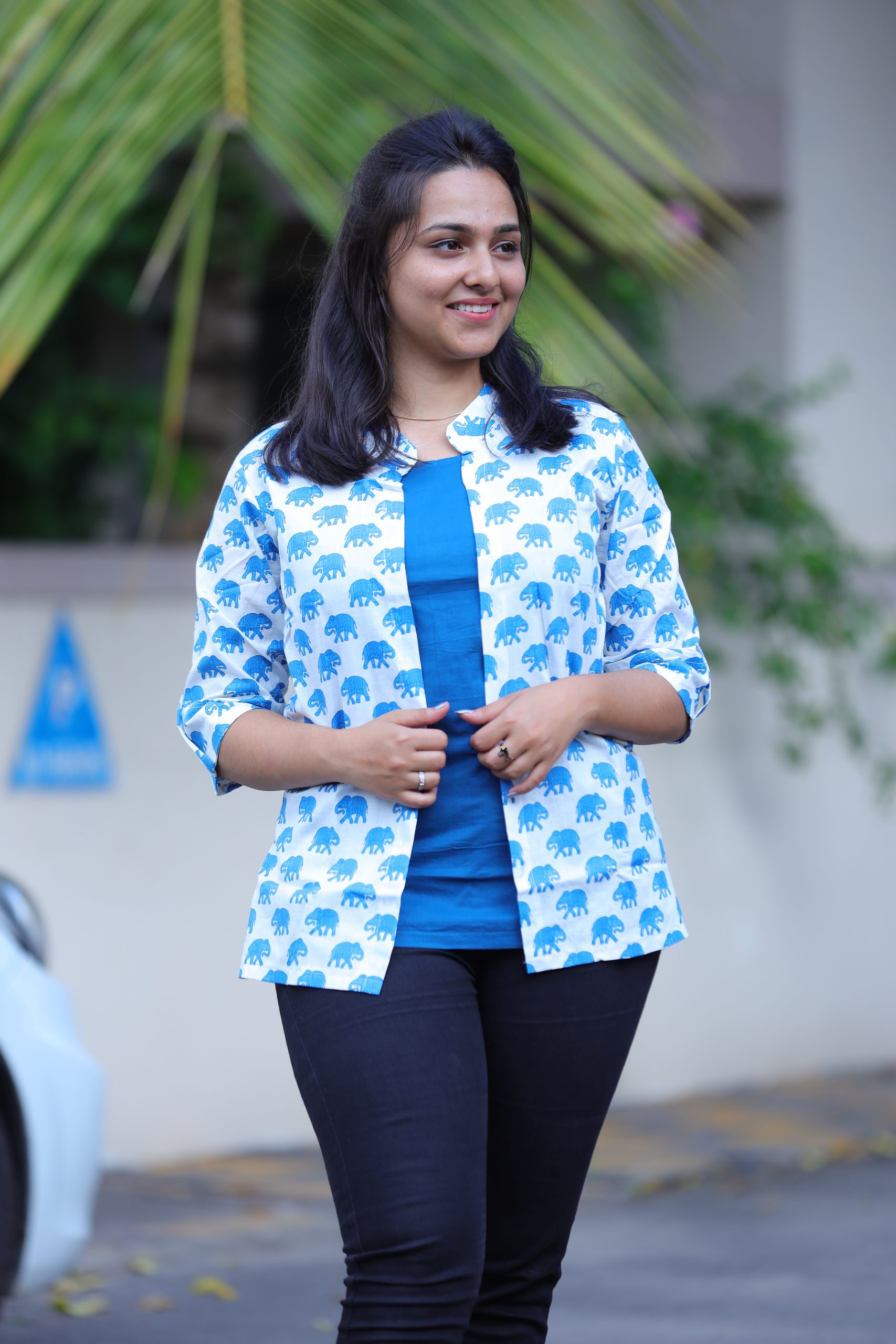 White with blue elephant jacket tops - Lotus Fashions, Coimbatore